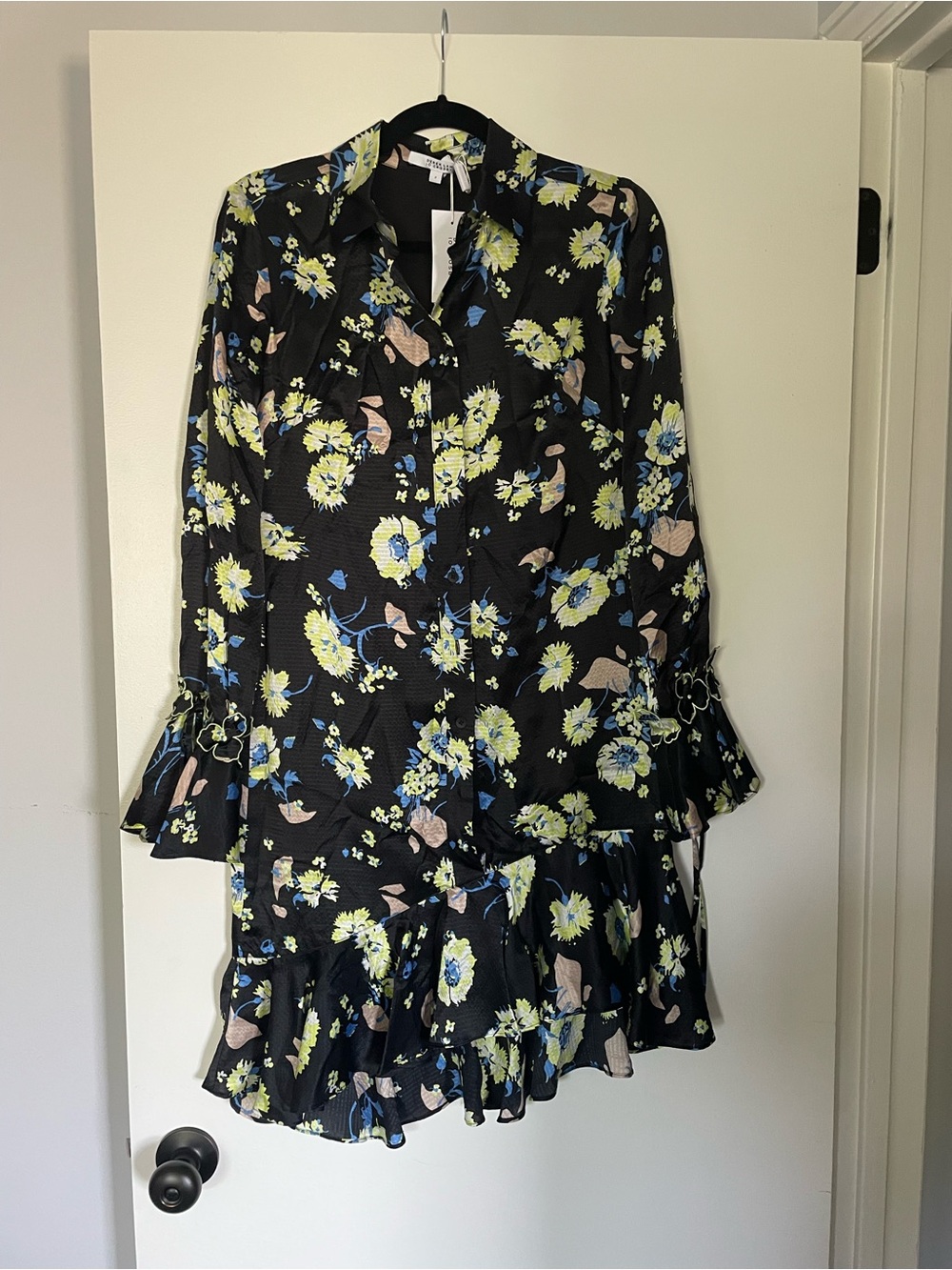 Derek Lam Black Floral Print Blouse with Blue and Lime Accents